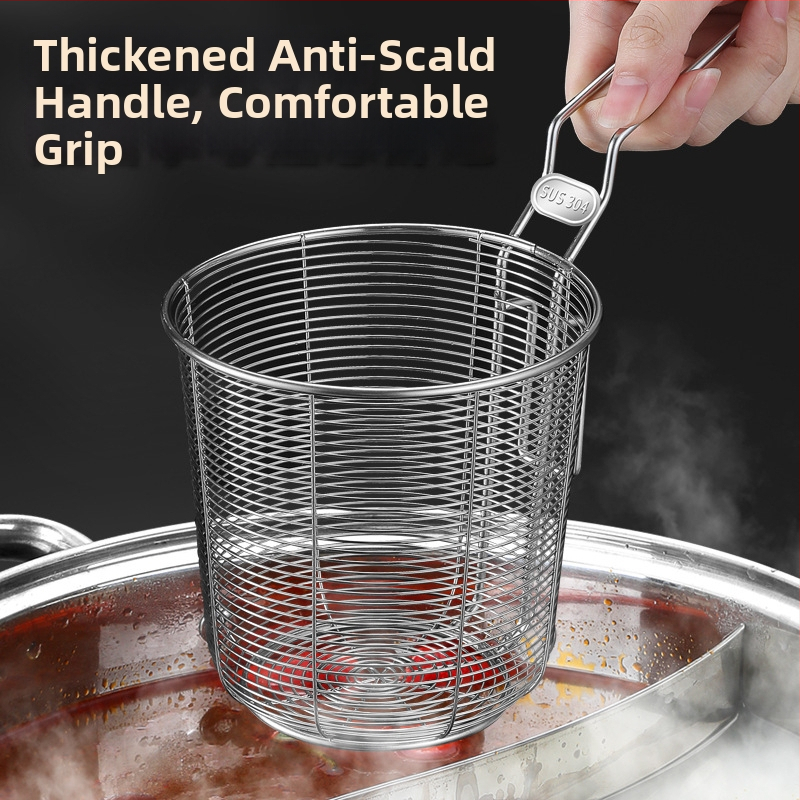 304 nerūsējošā tērauda fritēšanas grozs ar filtru nūdelēm, uzkodām un frī kartupeļiem – rokturis pret apdegumiem, vienkāršs āķis, pielāgojama Zhenggang Hardware