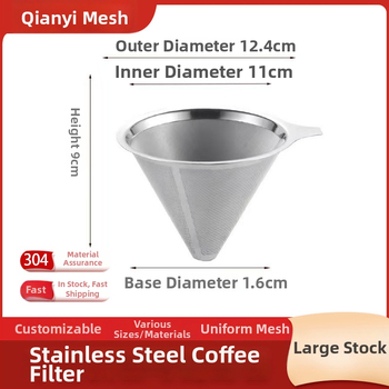 Dvojvrstvový kovový filter na kávu z nerezovej ocele 304, laserovo gravírované logo, vhodné do kaviarne, jednofarebný vzor, balené v papierovej krabici.