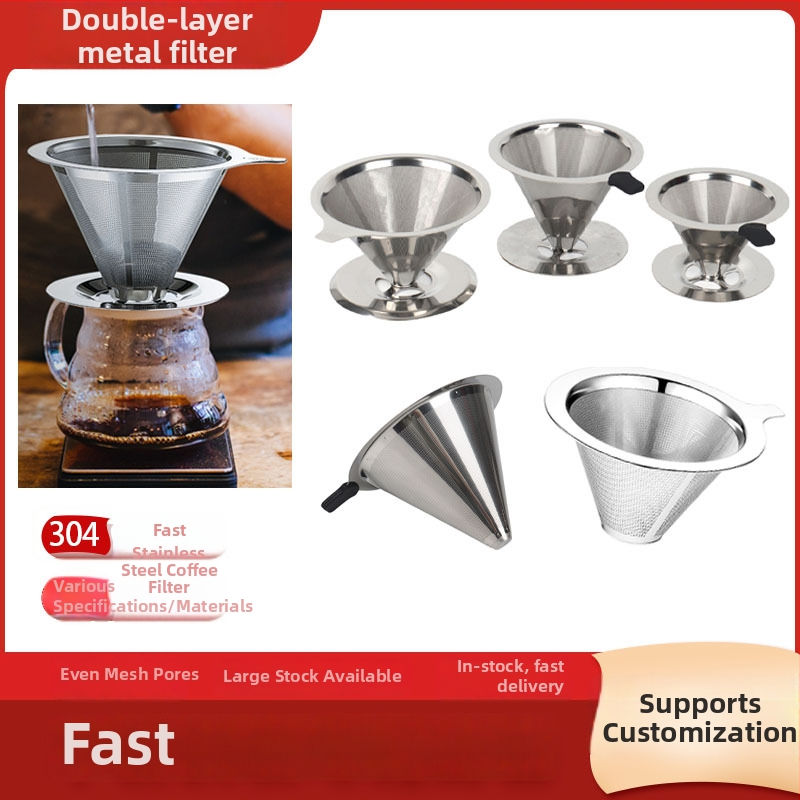 Dvojvrstvový kovový filter na kávu z nerezovej ocele 304, laserovo gravírované logo, vhodné do kaviarne, jednofarebný vzor, balené v papierovej krabici.