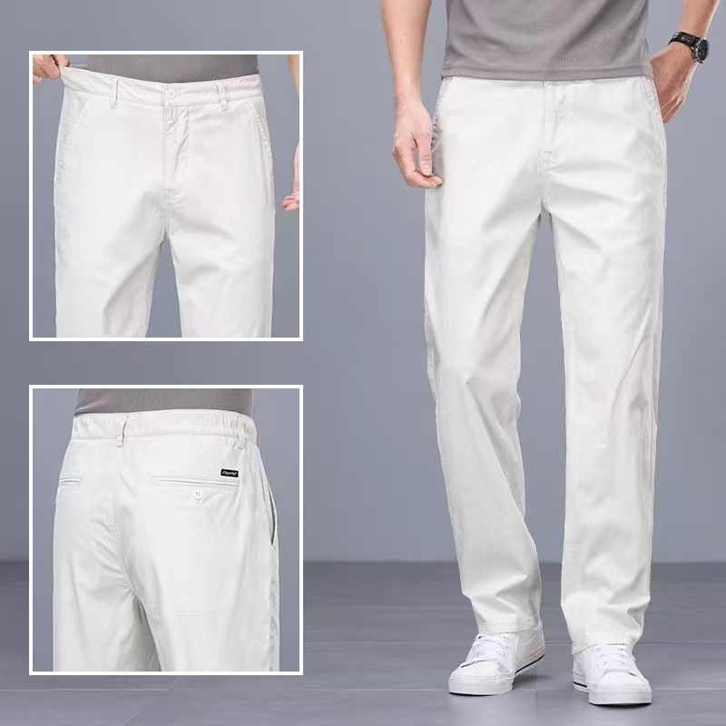 Muške bijele pamučne ljetne hlače, casual stil, ravnog kroja, srednje visine struka, lagane