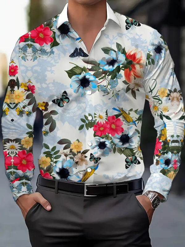 Muška košulja s dugim rukavima, floralni 3D otisak, dišući poliester 91–95%, casual otvoren stil