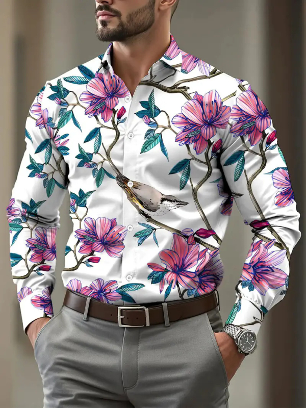 Muška košulja s dugim rukavima, floralni 3D otisak, dišući poliester 91–95%, casual otvoren stil
