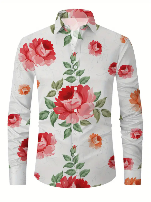 Muška košulja s dugim rukavima, floralni 3D otisak, dišući poliester 91–95%, casual otvoren stil