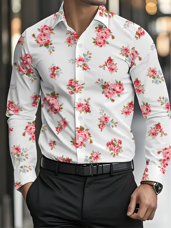 Muška košulja s dugim rukavima, floralni 3D otisak, dišući poliester 91–95%, casual otvoren stil
