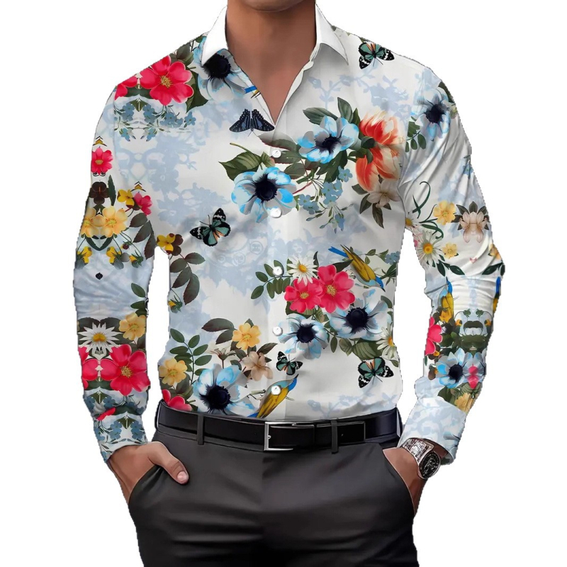 Muška košulja s dugim rukavima, floralni 3D otisak, dišući poliester 91–95%, casual otvoren stil