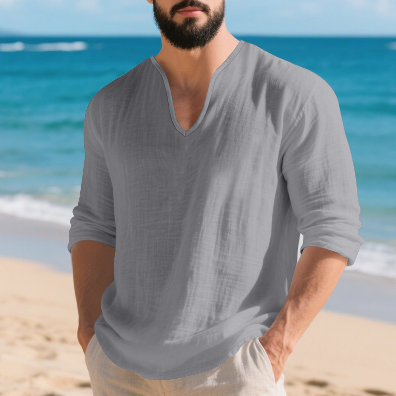 Muško laneno T-shirt s dugim rukavima, V izrezom, bez ovratnika, slobodan kroj