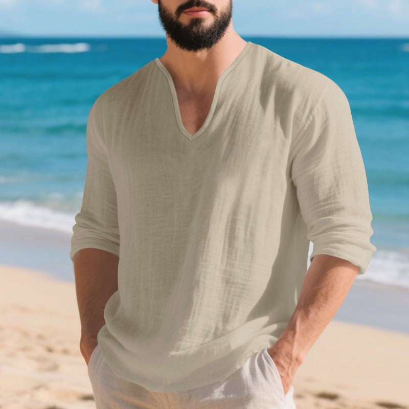 Muško laneno T-shirt s dugim rukavima, V izrezom, bez ovratnika, slobodan kroj
