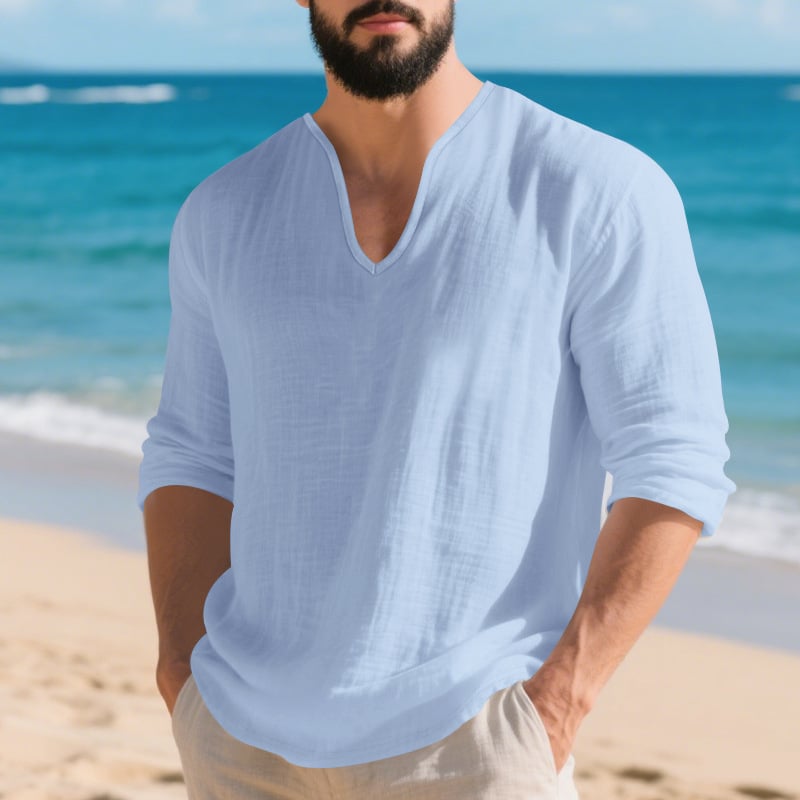 Muško laneno T-shirt s dugim rukavima, V izrezom, bez ovratnika, slobodan kroj