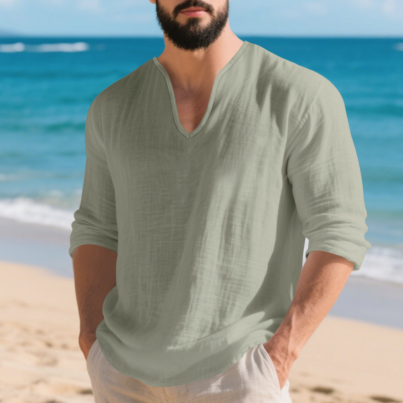 Muško laneno T-shirt s dugim rukavima, V izrezom, bez ovratnika, slobodan kroj