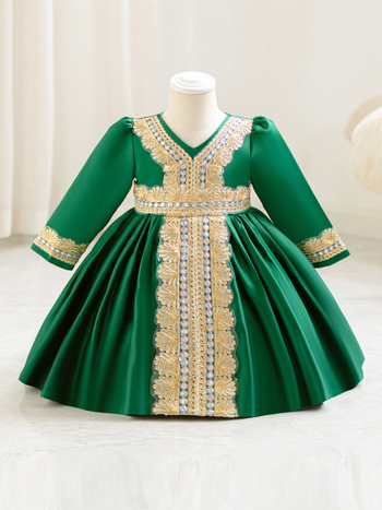 Παιδικό επίσημο φόρεμα – στυλ πριγκίπισσας, μακριά μανίκια, φλοράλ εκτύπωση, ύφασμα μίξης βαμβακιού