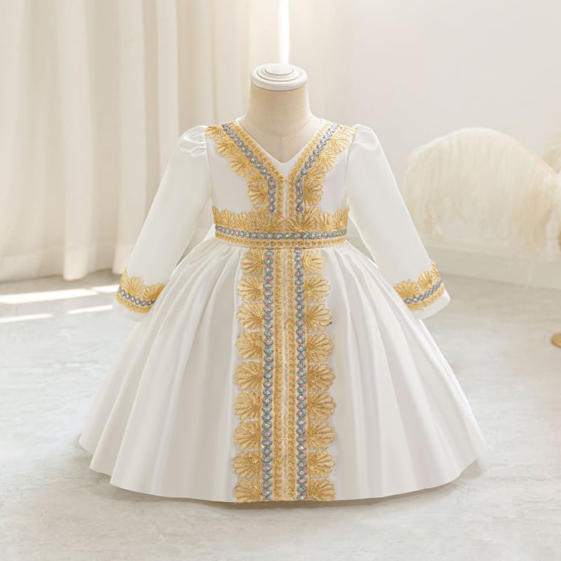 Παιδικό επίσημο φόρεμα – στυλ πριγκίπισσας, μακριά μανίκια, φλοράλ εκτύπωση, ύφασμα μίξης βαμβακιού