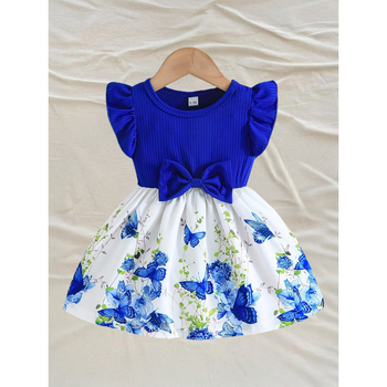 Detské šaty s kvetinovým vzorom, nabárané rukávy a mašľa; ľahký strečový materiál (93% polyester, 7% elastán); podšité; vek 8+; leto