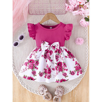 Detské šaty s kvetinovým vzorom, nabárané rukávy a mašľa; ľahký strečový materiál (93% polyester, 7% elastán); podšité; vek 8+; leto