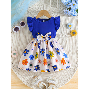 Detské šaty s kvetinovým vzorom, nabárané rukávy a mašľa; ľahký strečový materiál (93% polyester, 7% elastán); podšité; vek 8+; leto
