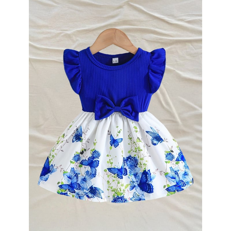 Detské šaty s kvetinovým vzorom, nabárané rukávy a mašľa; ľahký strečový materiál (93% polyester, 7% elastán); podšité; vek 8+; leto