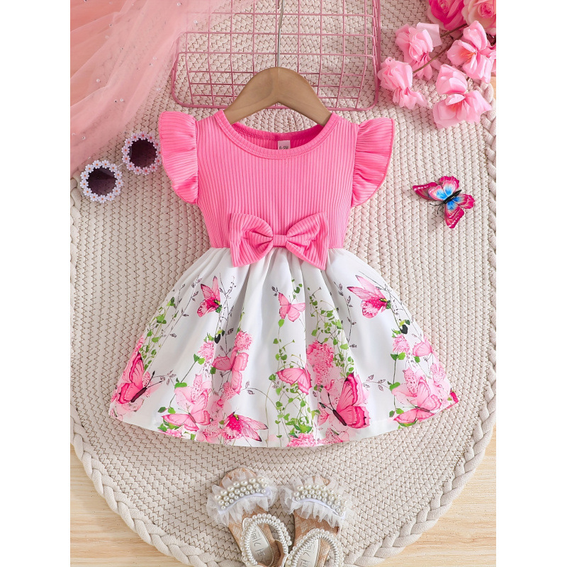 Detské šaty s kvetinovým vzorom, nabárané rukávy a mašľa; ľahký strečový materiál (93% polyester, 7% elastán); podšité; vek 8+; leto