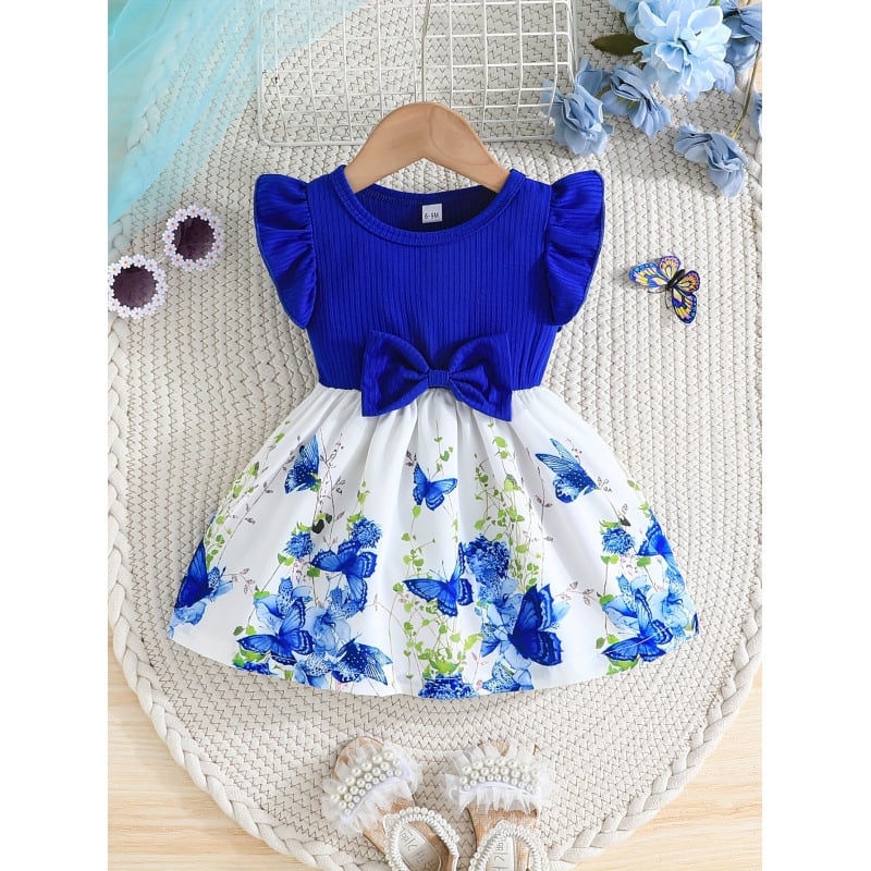 Detské šaty s kvetinovým vzorom, nabárané rukávy a mašľa; ľahký strečový materiál (93% polyester, 7% elastán); podšité; vek 8+; leto