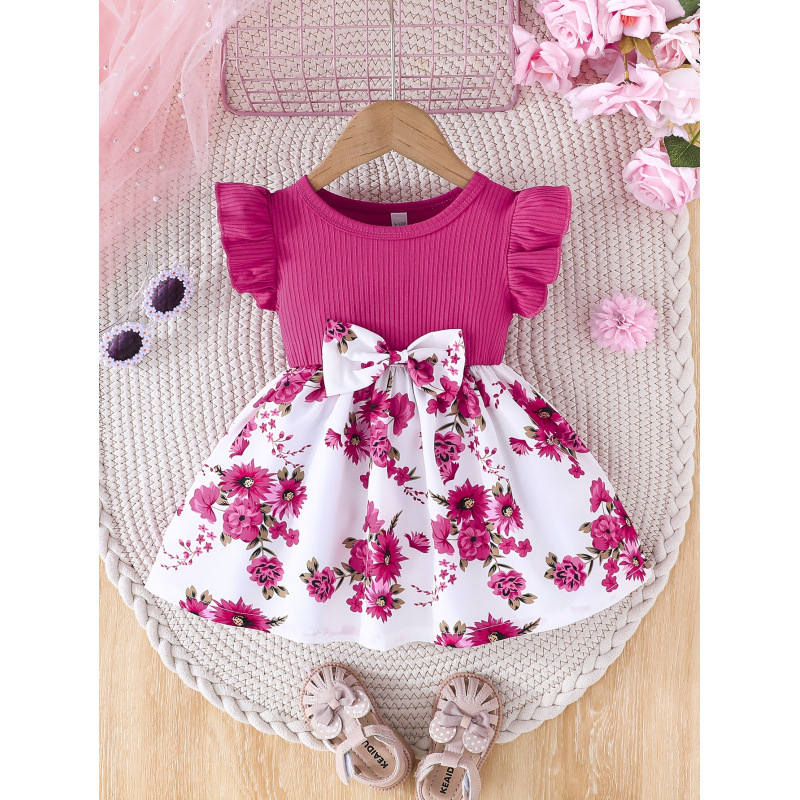 Detské šaty s kvetinovým vzorom, nabárané rukávy a mašľa; ľahký strečový materiál (93% polyester, 7% elastán); podšité; vek 8+; leto