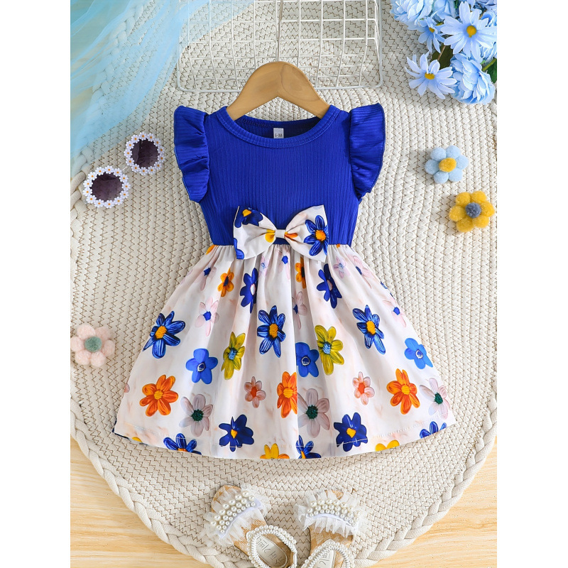 Detské šaty s kvetinovým vzorom, nabárané rukávy a mašľa; ľahký strečový materiál (93% polyester, 7% elastán); podšité; vek 8+; leto