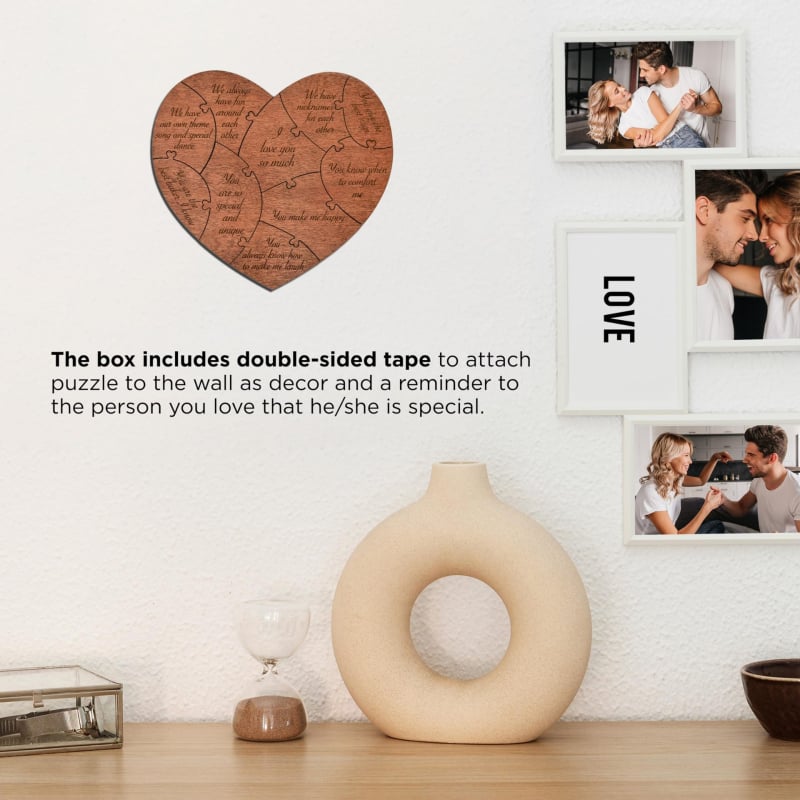 Fából készült szív alakú puzzle gravírozott dobozban - modern minimalist stílusú ajándék Valentin-napra, Apák napjára és Anyák napjára