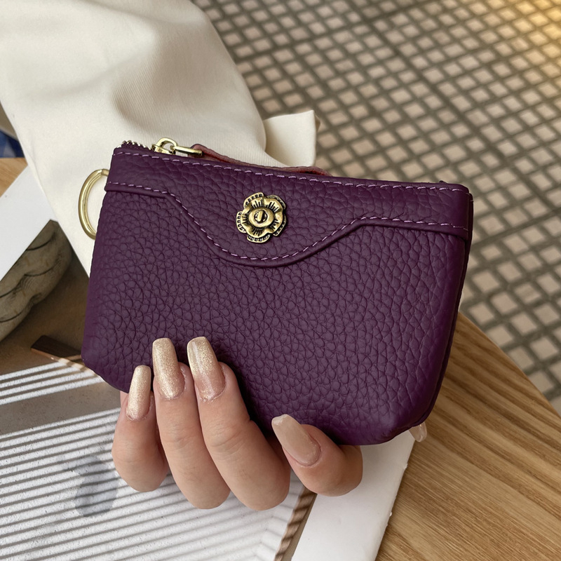 Dámska mince taštička z pravej kože — prvá vrstva teľa, mestský minimalistický štýl, polyesterová podšívka