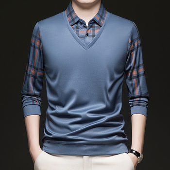 Pulover bărbați de toamnă, mâlneci lungi, aspect faux two-piece, model în carouri, croială lejeră, poliester, margine ribată