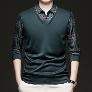 Pulover bărbați de toamnă, mâlneci lungi, aspect faux two-piece, model în carouri, croială lejeră, poliester, margine ribată