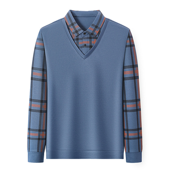 Pulover bărbați de toamnă, mâlneci lungi, aspect faux two-piece, model în carouri, croială lejeră, poliester, margine ribată