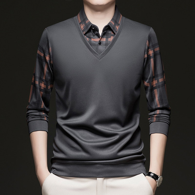 Pulover bărbați de toamnă, mâlneci lungi, aspect faux two-piece, model în carouri, croială lejeră, poliester, margine ribată