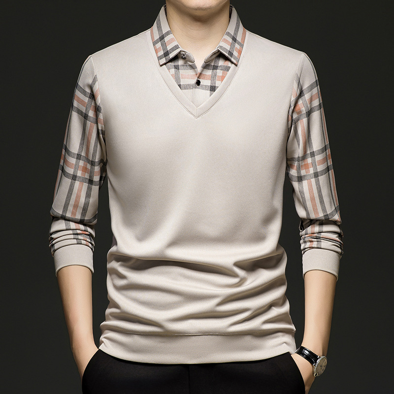 Pulover bărbați de toamnă, mâlneci lungi, aspect faux two-piece, model în carouri, croială lejeră, poliester, margine ribată