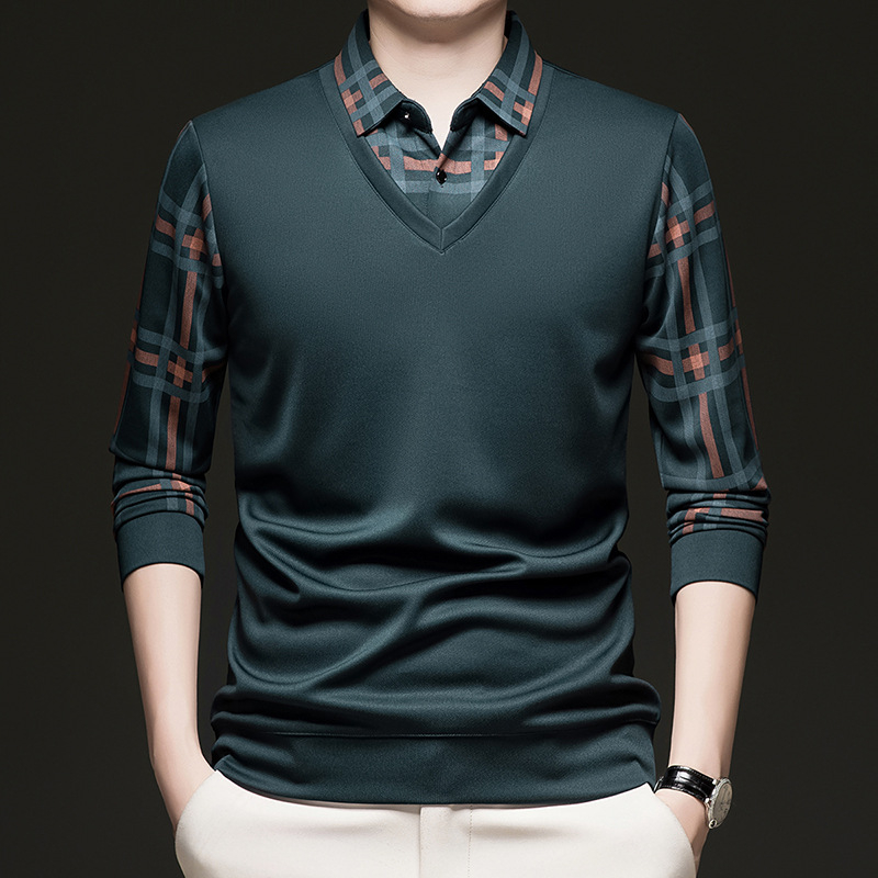 Pulover bărbați de toamnă, mâlneci lungi, aspect faux two-piece, model în carouri, croială lejeră, poliester, margine ribată