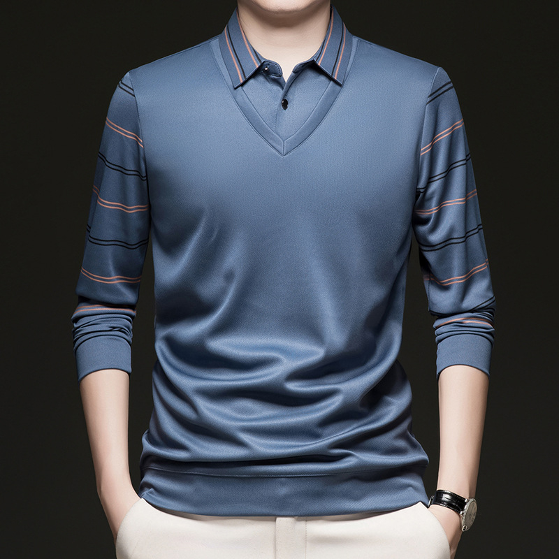 Pulover bărbați de toamnă, mâlneci lungi, aspect faux two-piece, model în carouri, croială lejeră, poliester, margine ribată