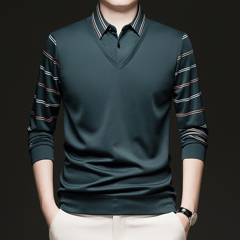 Pulover bărbați de toamnă, mâlneci lungi, aspect faux two-piece, model în carouri, croială lejeră, poliester, margine ribată