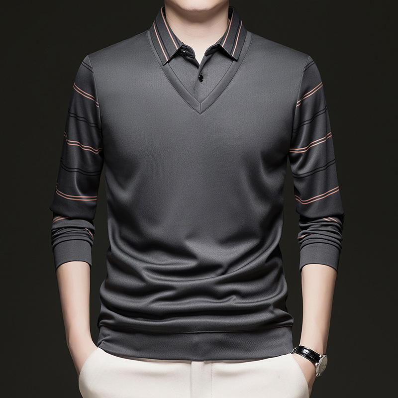 Pulover bărbați de toamnă, mâlneci lungi, aspect faux two-piece, model în carouri, croială lejeră, poliester, margine ribată