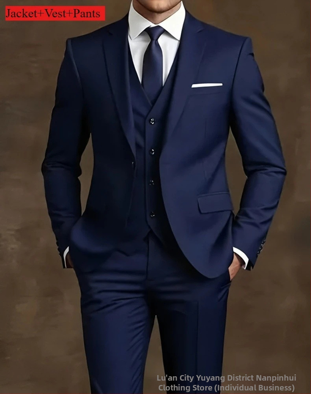 Tryjų dalių Slim-Fit kostiumas, vieno mygtuko, Notch Lapel, poliesterio mišinys, banketui