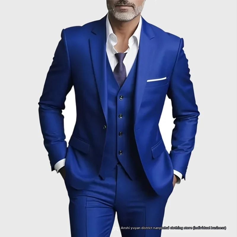 Tryjų dalių Slim-Fit kostiumas, vieno mygtuko, Notch Lapel, poliesterio mišinys, banketui