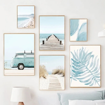 Bez rámu plátenný obraz na stenu so scenériou mora s palmovými listami; striekaná maľba, moderný minimalistický štýl, obdĺžnikový tvar, do obývačky/spálne/kúpeľne