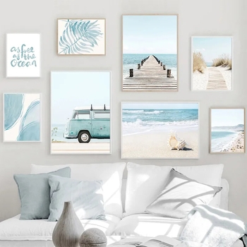 Bez rámu plátenný obraz na stenu so scenériou mora s palmovými listami; striekaná maľba, moderný minimalistický štýl, obdĺžnikový tvar, do obývačky/spálne/kúpeľne