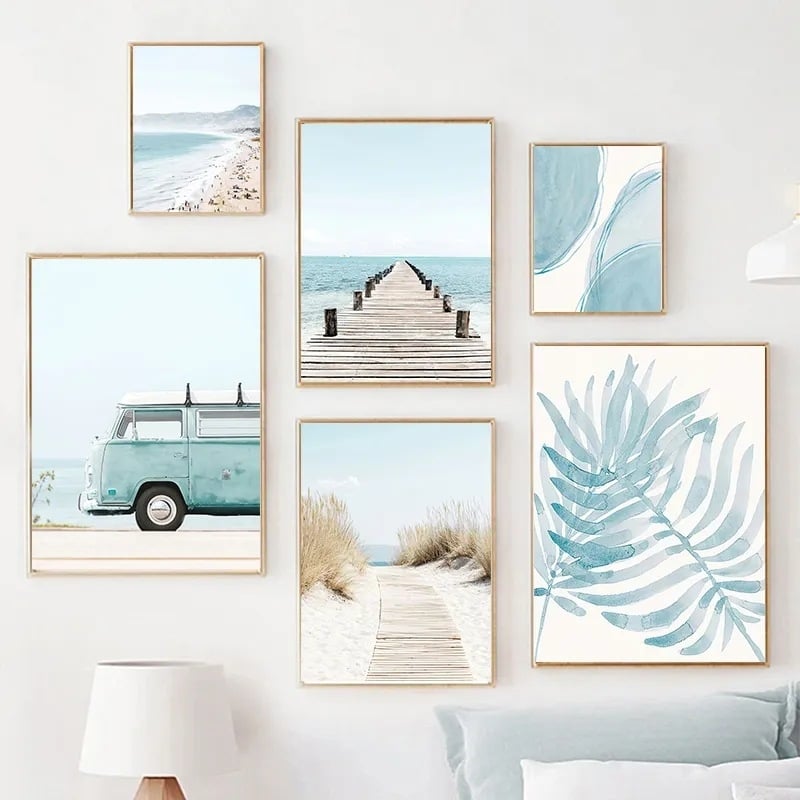 Bez rámu plátenný obraz na stenu so scenériou mora s palmovými listami; striekaná maľba, moderný minimalistický štýl, obdĺžnikový tvar, do obývačky/spálne/kúpeľne