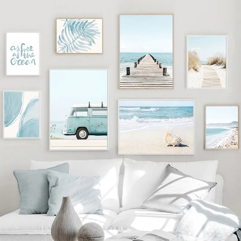 Bez rámu plátenný obraz na stenu so scenériou mora s palmovými listami; striekaná maľba, moderný minimalistický štýl, obdĺžnikový tvar, do obývačky/spálne/kúpeľne