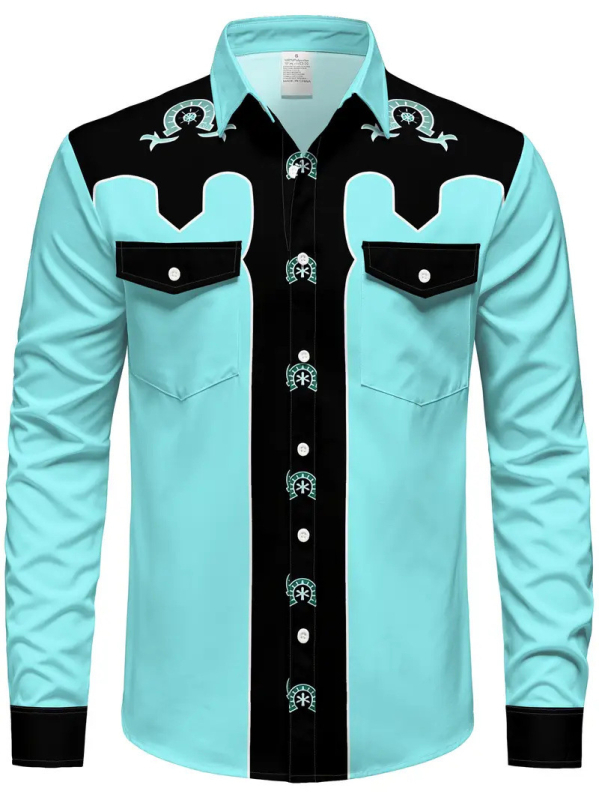 Férfi ing nyomtatott színblokkal, Slim fit, hosszú ujjú, Turn-Down gallér, Amerikai retro nyugati dizájn