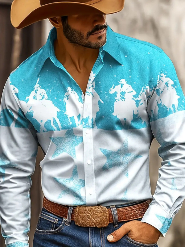 Férfi ing nyomtatott színblokkal, Slim fit, hosszú ujjú, Turn-Down gallér, Amerikai retro nyugati dizájn