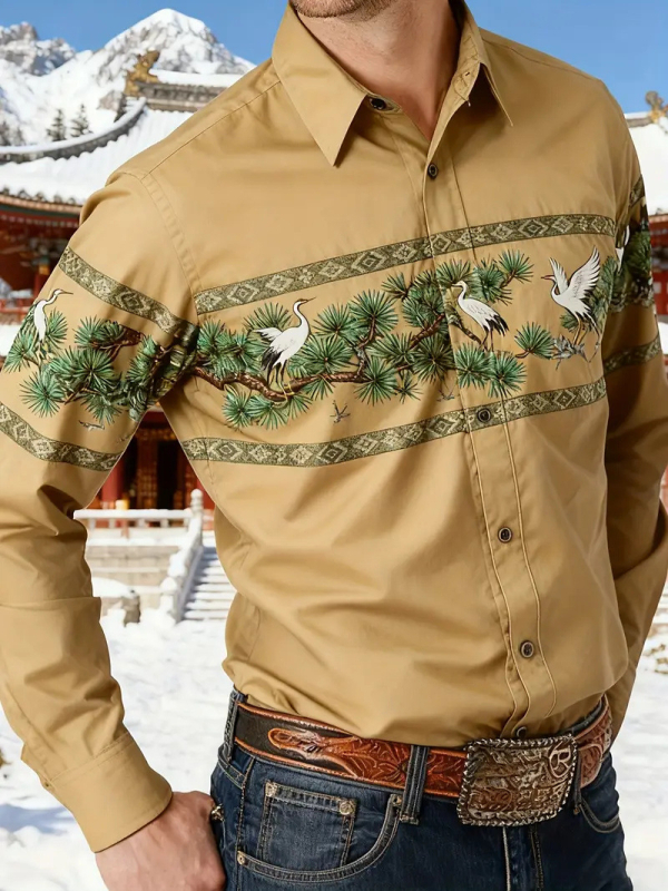 Férfi ing nyomtatott színblokkal, Slim fit, hosszú ujjú, Turn-Down gallér, Amerikai retro nyugati dizájn