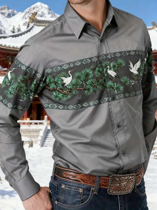 Férfi ing nyomtatott színblokkal, Slim fit, hosszú ujjú, Turn-Down gallér, Amerikai retro nyugati dizájn