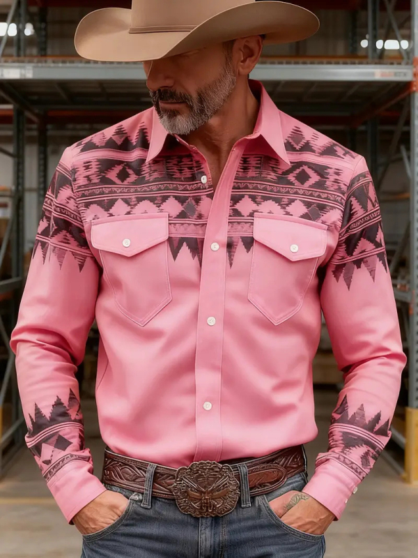 Férfi ing nyomtatott színblokkal, Slim fit, hosszú ujjú, Turn-Down gallér, Amerikai retro nyugati dizájn