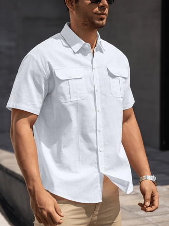 Vyriski trumpom rankoviu marškiniai iš 100% medvilnės su apverčiama apykakle ir kišenėmis – be raukšlių
