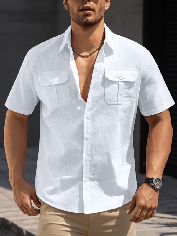 Vyriski trumpom rankoviu marškiniai iš 100% medvilnės su apverčiama apykakle ir kišenėmis – be raukšlių