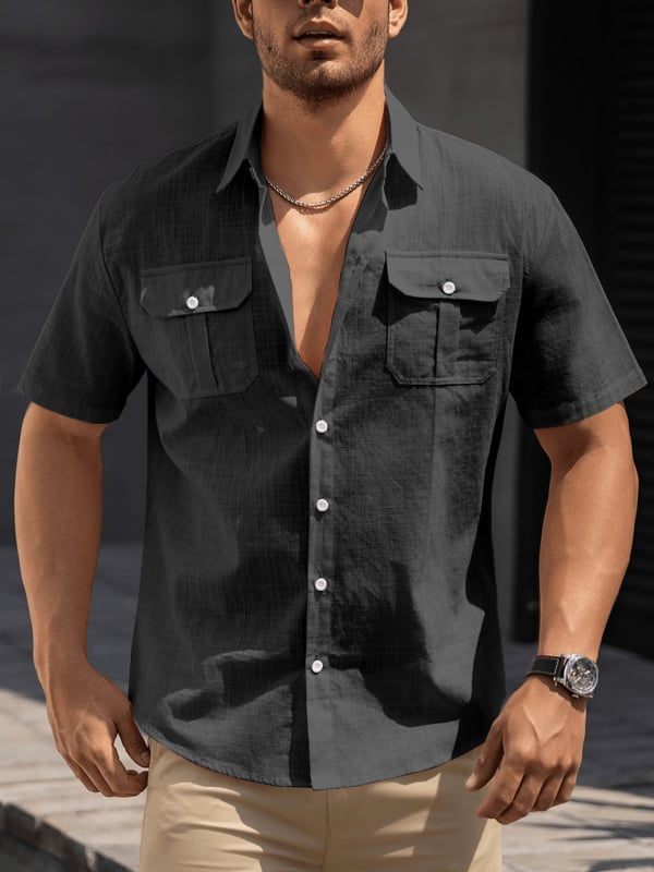 Vyriski trumpom rankoviu marškiniai iš 100% medvilnės su apverčiama apykakle ir kišenėmis – be raukšlių