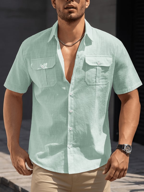 Vyriski trumpom rankoviu marškiniai iš 100% medvilnės su apverčiama apykakle ir kišenėmis – be raukšlių