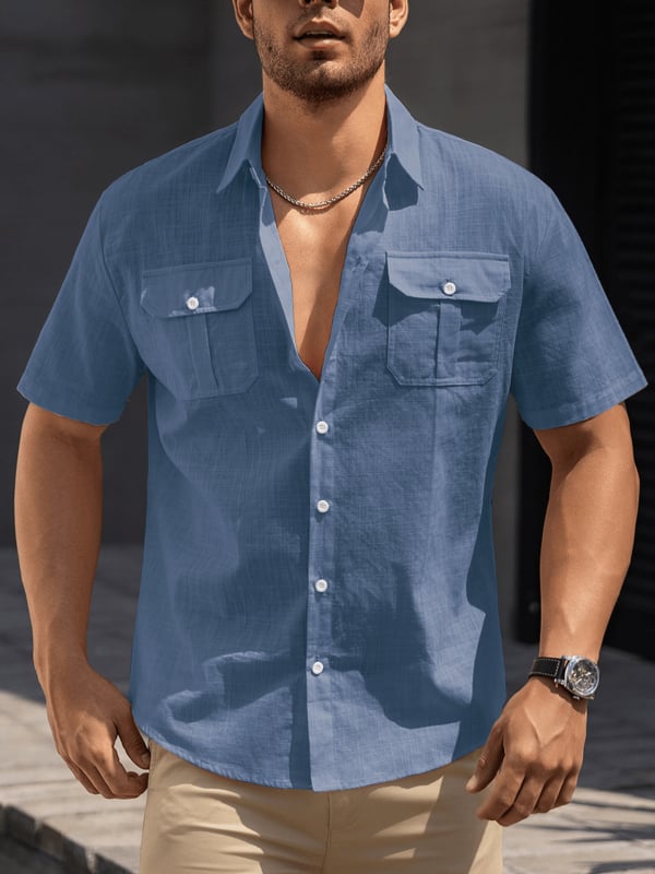 Vyriski trumpom rankoviu marškiniai iš 100% medvilnės su apverčiama apykakle ir kišenėmis – be raukšlių